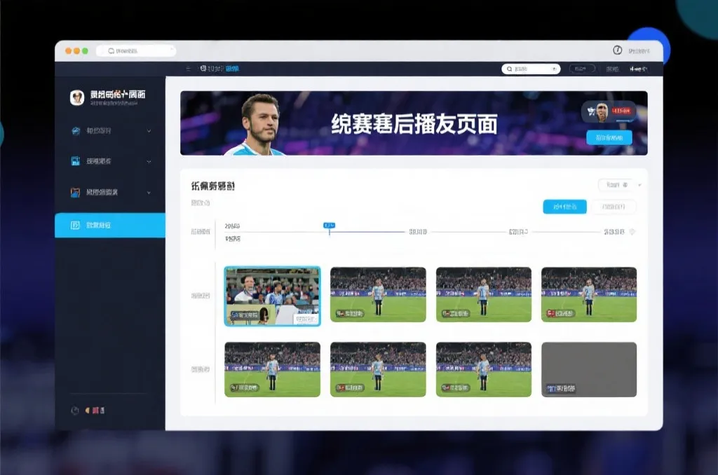 比赛结束后，电视屏幕展示集锦回放页面，旁边有时间轴和多角度切换提示
